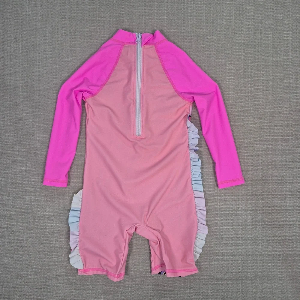Girls Long Sleeve Rashguard One Piece Swimsuit Unicorn Pink Ruffles Hat Size 4Y